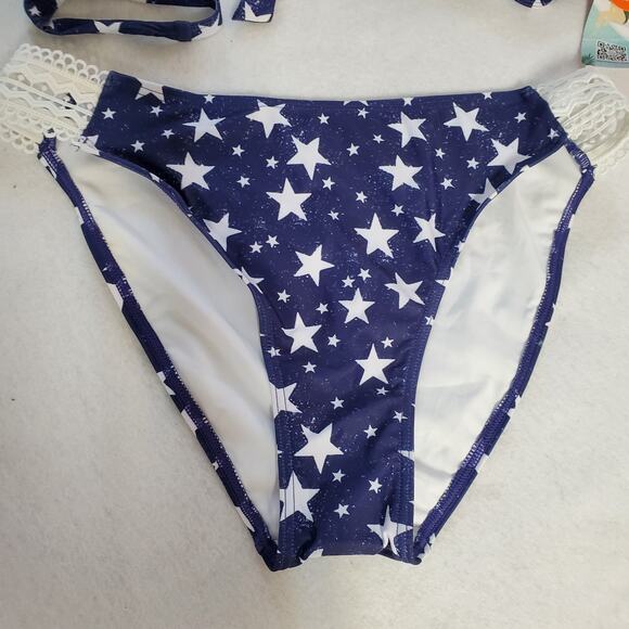 Women's Bikini Swimsuit Junior Size L Bikini Red White Blue Crochet Trim - Picture 5 of 10
